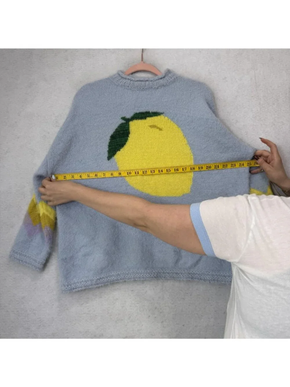 Free People Sweater Womens XS Blue Lemon Graphic Mock Neck Fuzzy Knit Pullover